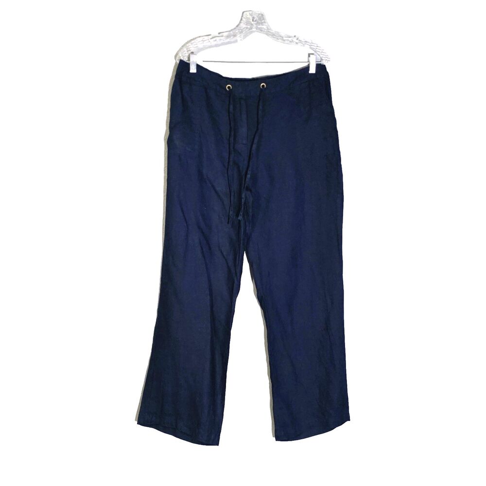 Charter Club Women's Wide Leg 100% Linen Trousers Blue NAVY SZ L